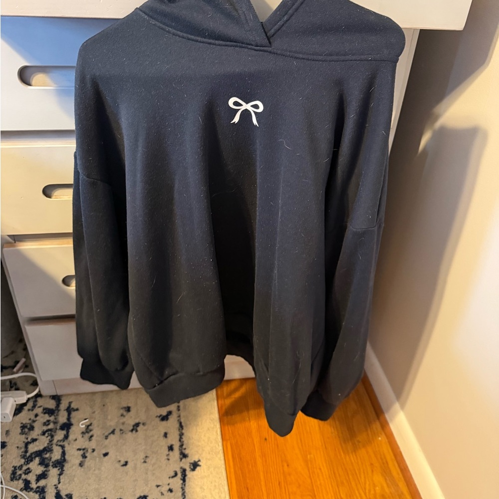 SHEIN Black Hoodie with White Bow Detail